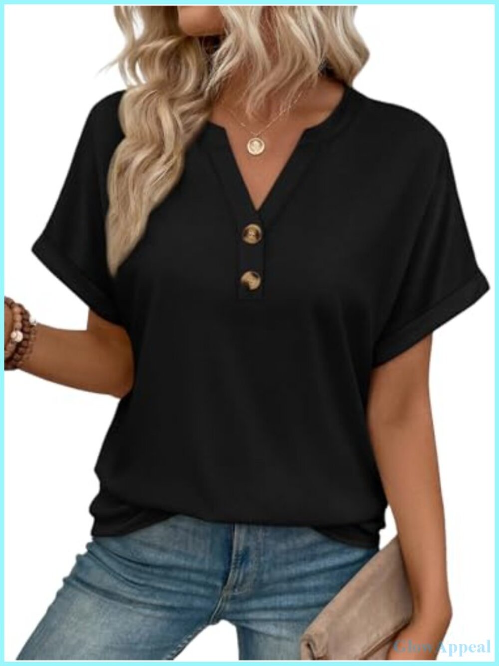 Women's Henley Short Sleeve Top Button Up V Neck Casual Blouse